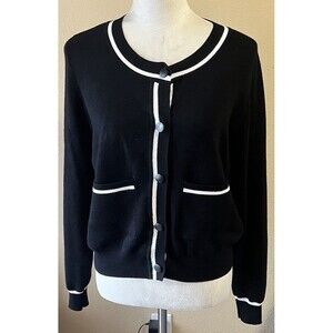 CYRUS Women’s Medium Black Cardigan With White Trim.